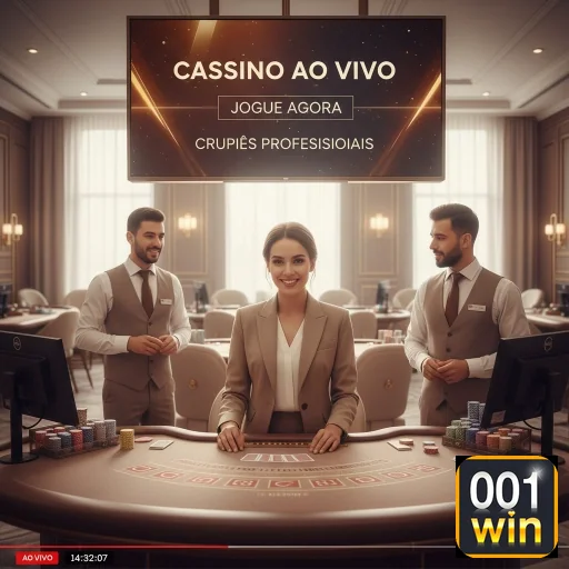 Imagem de cassino ao vivo da 001win, mostrando uma mesa de jogos com dealers profissionais.